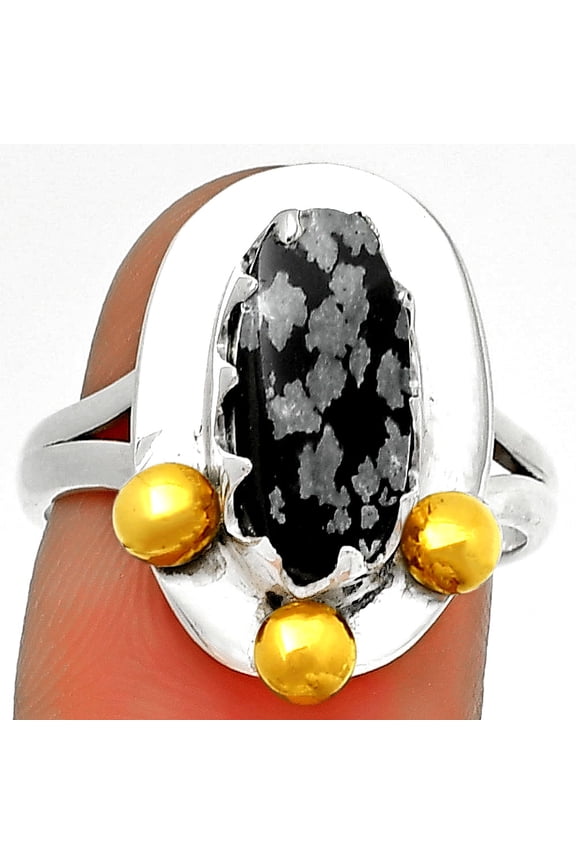 Two Tone - Snow Flake Obsidian 925 Sterling Silver Ring s.7.5 Jewelry R-1503 SDR189977