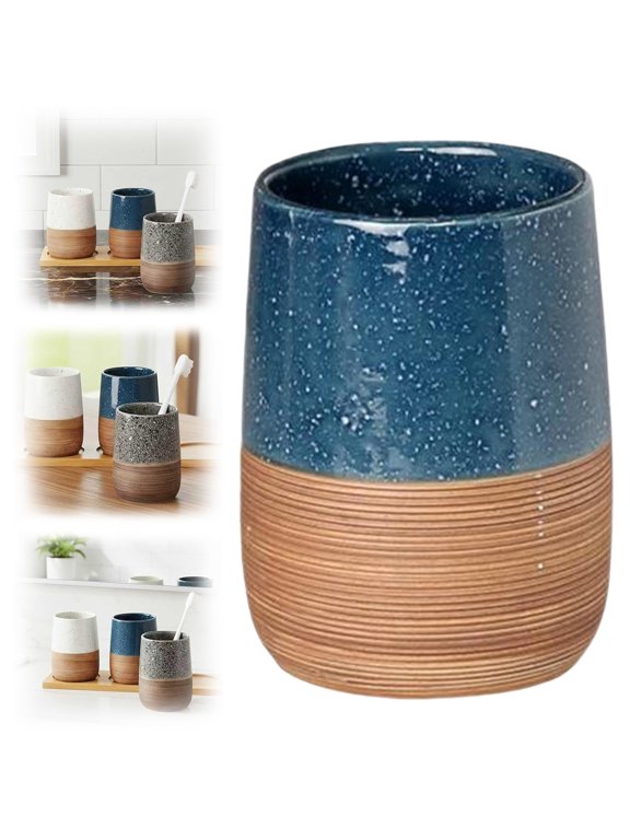 Two-Tone Speckled Ceramic Bathroom Tumbler, Ceramic Toothbrush Holder, Toothbrush Cup, Bathroom Cup, Multipurpose Toothbrush Holder Cup, Wooden Texture Ceramic Mouthwash Cups 1Pcs