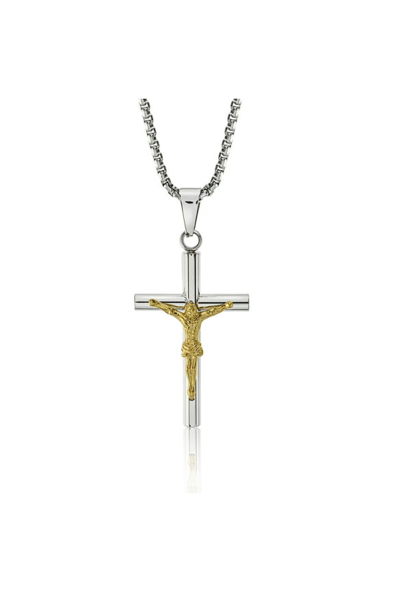 Two-Tone Stainless Steel Crucifix Pendant Necklace for Men and Women