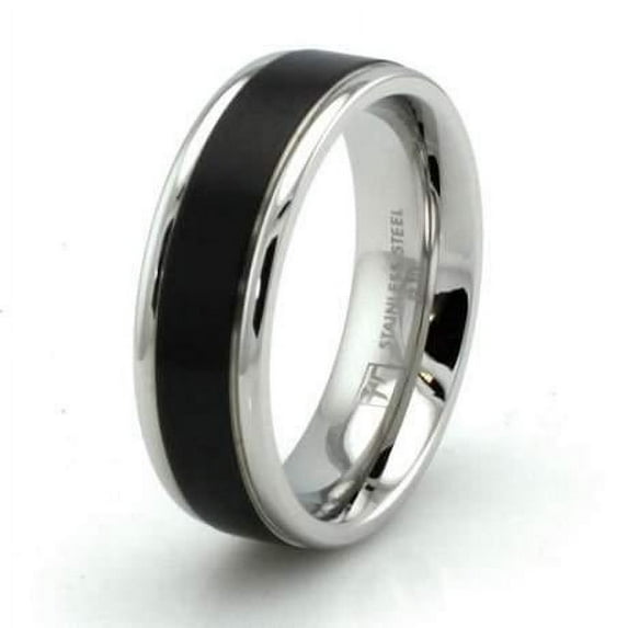 Two-Tone Stainless Steel Grooved Black Resin Strip Ring-7mm