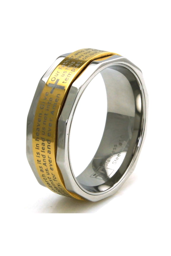 Two-Tone Stainless Steel Lord's Prayer Religious Spinner Wedding Band Ring