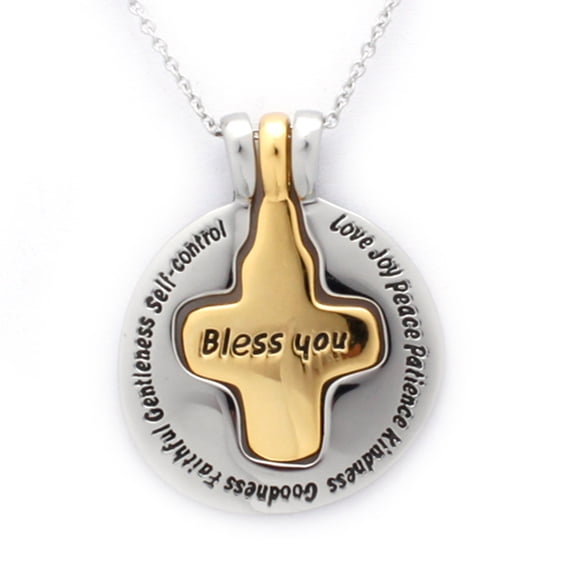 Two-Tone Stainless Steel Religious Inspirational Words Cross Disc Detachable Pendant