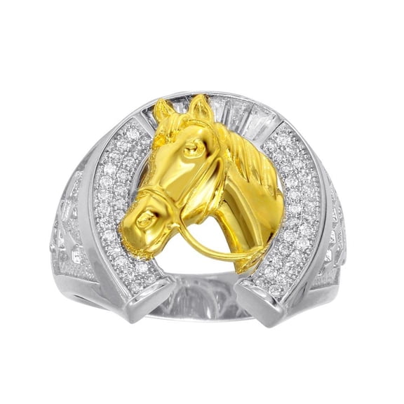 Two-Tone Sterling Silver 925 Clear CZ Horseshoe Gold Horse Ring White Jewelry Female Size 10