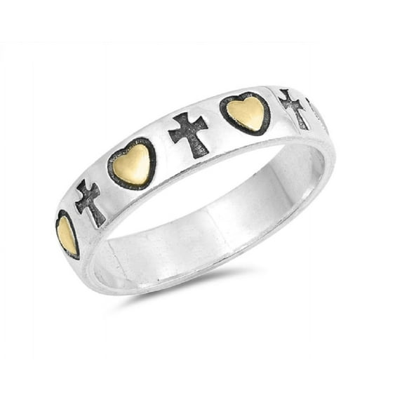 Two Tone Sterling Silver Alternate Cross And Heart Band Ring