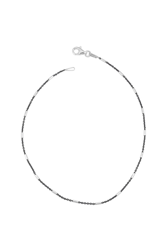 Two-tone Sterling Silver Bar Station and Black Rolo Chain Anklet (10 inch)