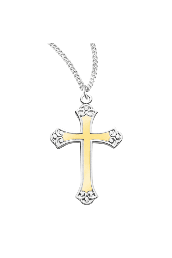 Two-Tone Sterling Silver Fancy Cross Pendant Necklace, 1.1" x 0.7", Swirl Tip Design, 18" Rhodium Plated Stainless Steel Chain, Made in USA- Deluxe Velvet Gift Box Included