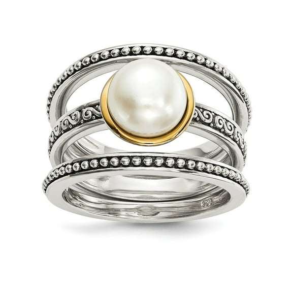 Two-Tone Sterling Silver Ring Band Fashion Closed Back Freshwater Button White