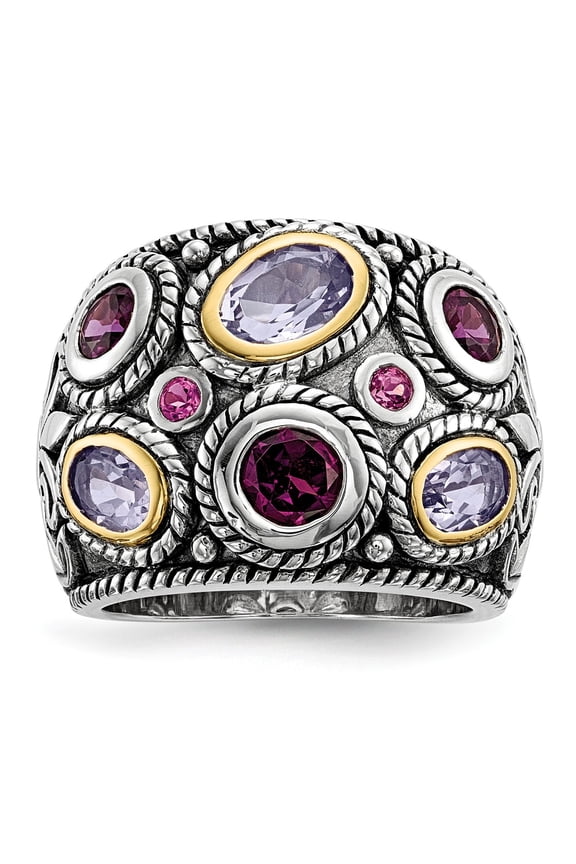 Two-Tone Sterling Silver Ring Band Gemstone Yellow Rounded Open Back Domed Textured Quartz Oval Purple Rhodolite Garnet Round Pink Tourmaline