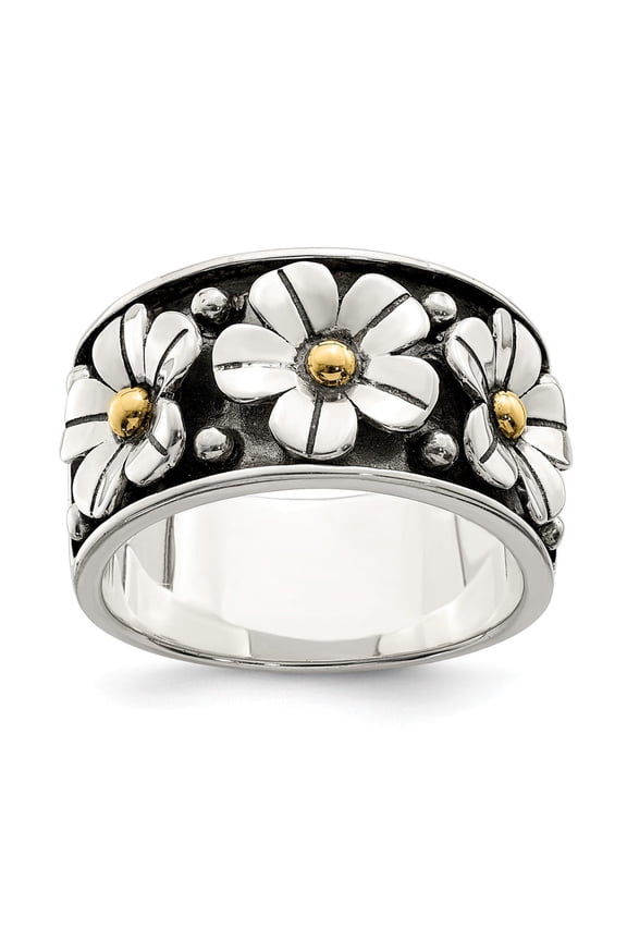 Two-Tone Sterling Silver Ring Band Themed Yellow Antiqued with 14k Gold centers Daisy