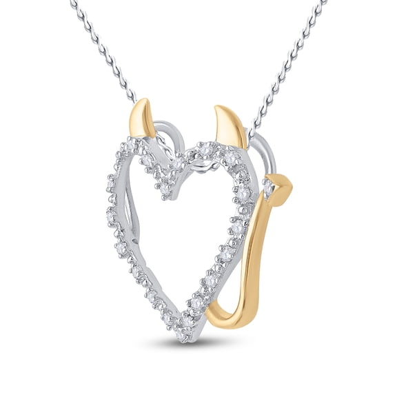 Two-Tone Sterling Silver Womens Round White Diamond Horned Heart Pendant 1/20 Cttw 19X16mm 2.5mm bail