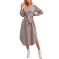 thumbnail image 1 of Two Tone Striped Pattern V Neck Rounded Hem Below Knee Length Dress Brown Small, 1 of 1
