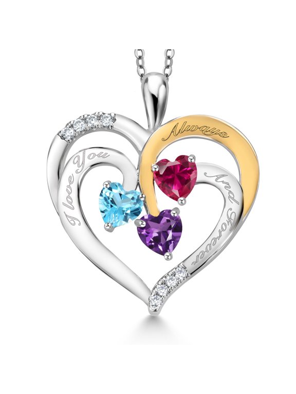 Two Tone Swiss Blue Topaz Red Created Ruby Purple Amethyst Created Moissanite `I love you always and forever` Engraved Pendant Necklace for Women (1.57 cttw, Heart Shape 5MM, 18 inch Chain)