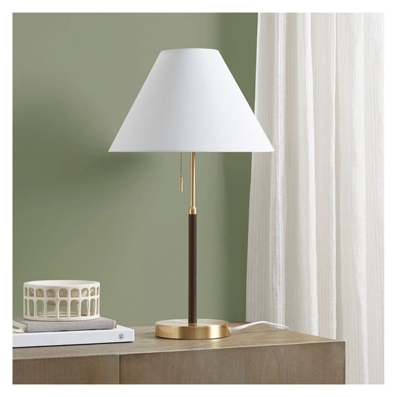 Two Tone Table Lamp, Mid-Century Modern Bedside Lamp with Pull Chain, 23.5" Height, Fabric Shade & Gold Base, 9W LED Bulb Included