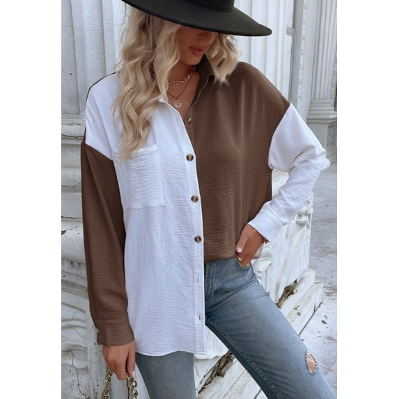 Two Tone Textured Button Shirt, Brown, Small