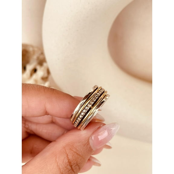 Two-Tone Thumb Fidget Spinner Ring for Women – Handmade Anxiety Relief Meditation Ring, 925 Sterling Silver & Gold-Plated Stress Reliever Ring, Boho Statement Jewelry, Unique Birthday Gift
