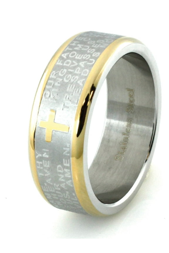 Two-Tone Tioneer Stainless Steel Lord's Prayer Religious Wedding Band Ring