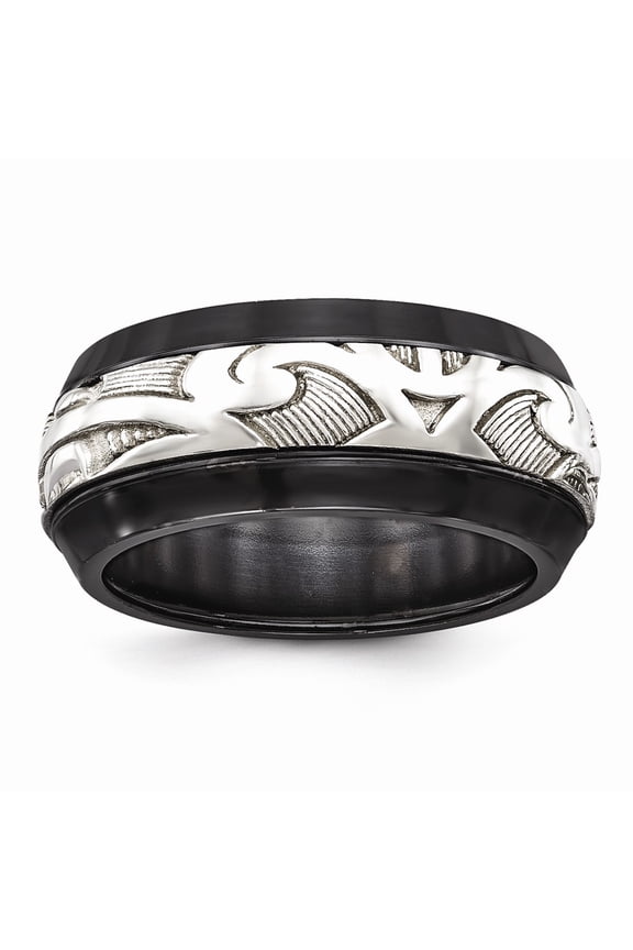 Two-Tone Titanium Ring Band Wedding Silver Tone Edward Mirell Black Ti & Sterling Inlay Polished Scroll