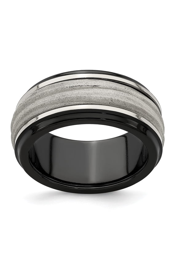 Two-Tone Titanium Ring Band Wedding Silver Tone Ridged