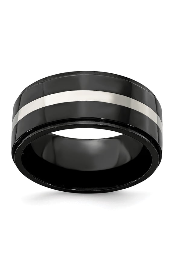 Two-Tone Titanium Silver Ring Band Wedding Sterling Silver Ridged Standard