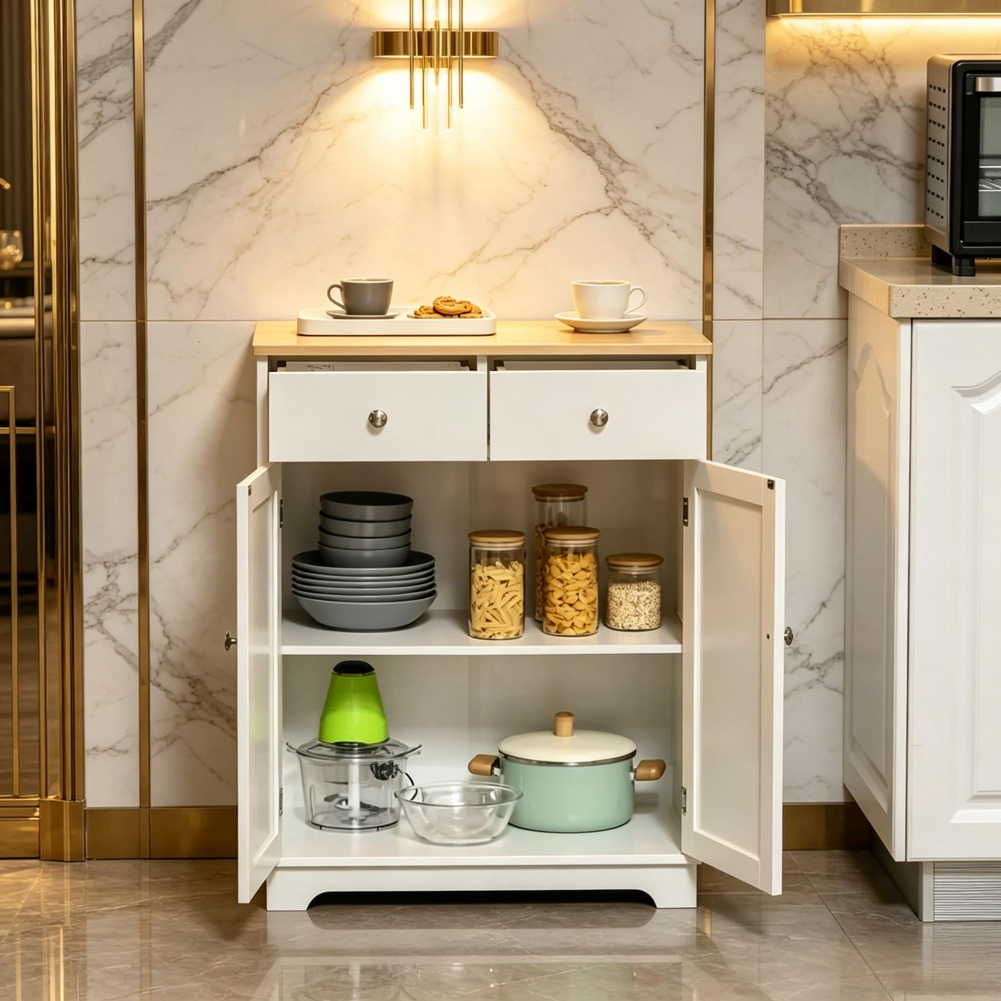 Two-Tone Utility Storage Cabinet with Drawers & Adjustable Shelf Cupboard, Space-Saving Engineered Wood Buffet Sideboard for Kitchen Apartment Living Room Bathroom