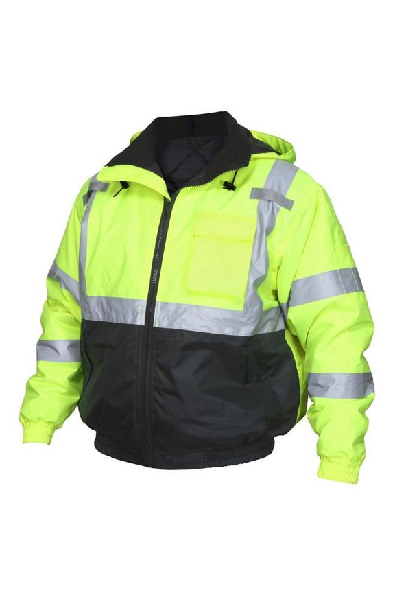 Two Tone Value Bomber ANSI 107 Class 3 Fluorescent Lime & Black Quilted Rain Jacket with Silver Reflective Stripes, 2XL