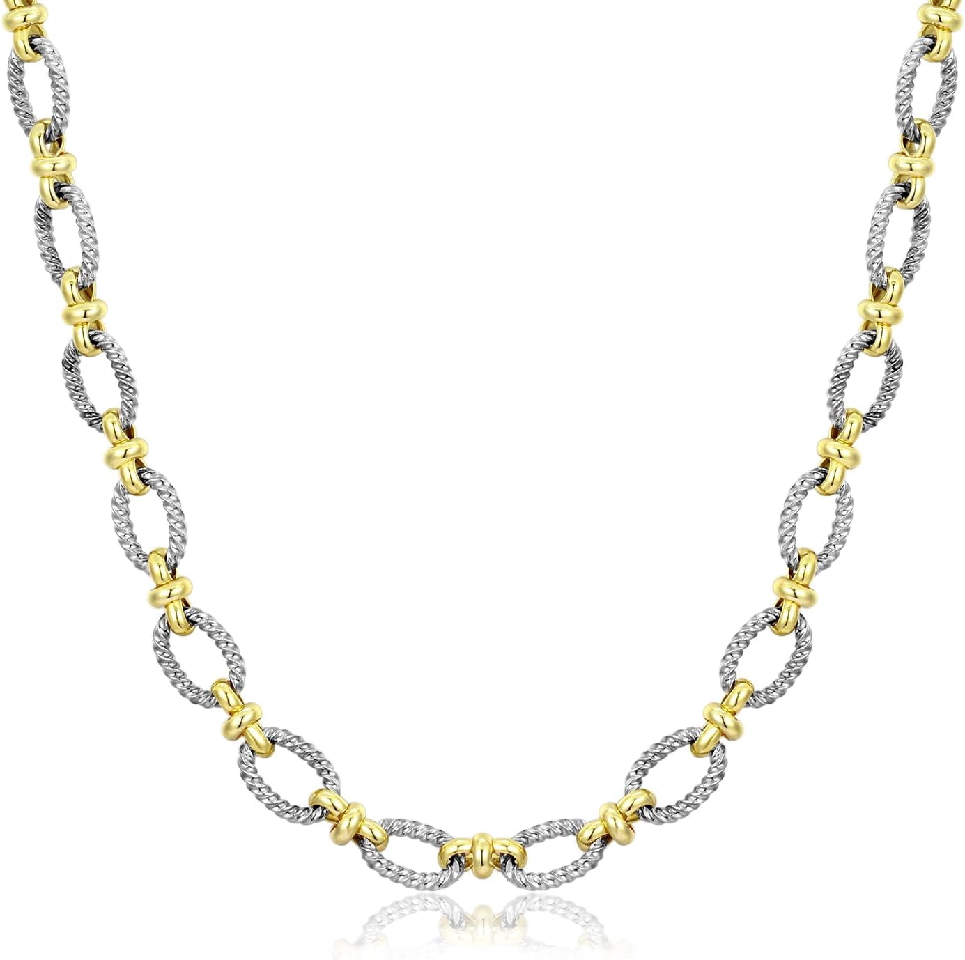 Two Tone Gold And Silver Link Chain Necklace - Adjustable 18K Gold Plated Twist Vintage Style