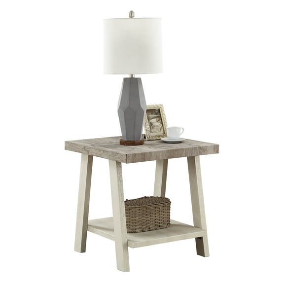 Two-Tone Wood Shelf End Table with Storage, Weathered Gray and Beige, 24x22x23 Inches, Space Saving Living Room Accent Table