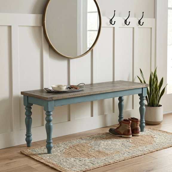 Two-Tone Wood Upholstered Dining Bench with Turned Legs for Dining Room, Antique Brown and Distressed Blue Solid Rubberwood Bench 52 Inches