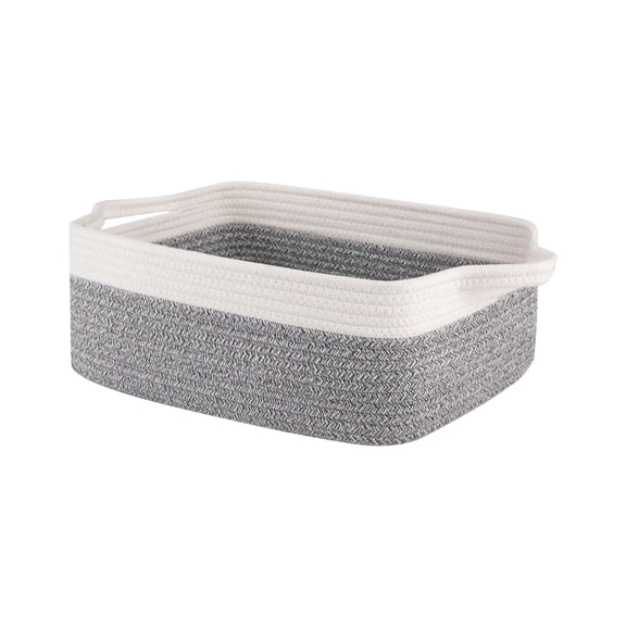 Two-Tone Woven Cotton Rope Storage Basket With Handles Rectangular Organizer Bins For Home Organization