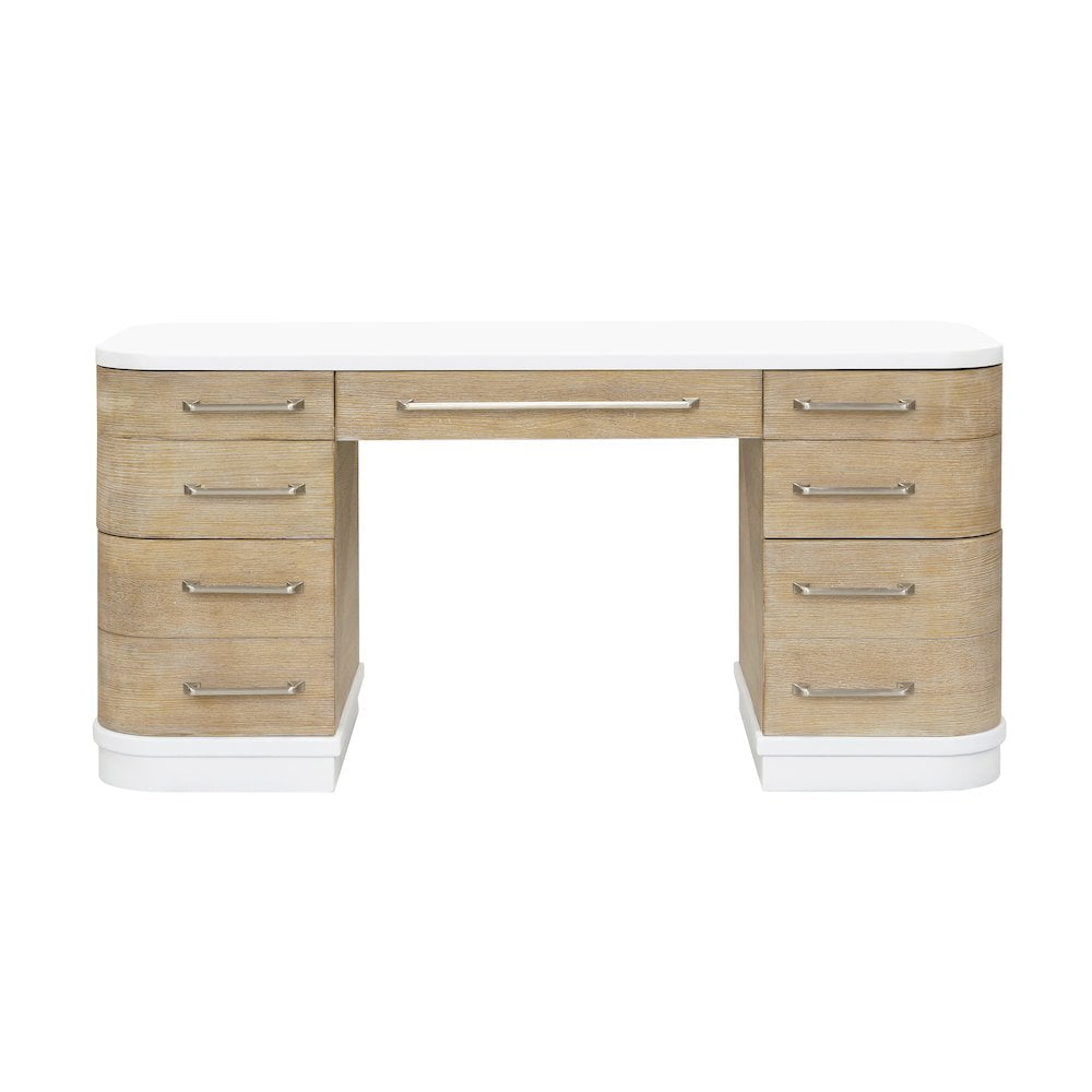 Two-Toned White and Natural Wood 7-Drawer Home Office Desk