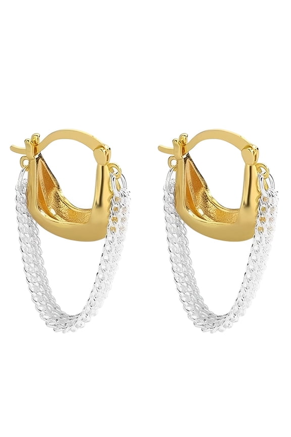 Two-Toned Gold Chain Hoop Earrings for Women - 925 Sterling Silver Posts, Dainty Dangle Tassel Design, Clip-On Nap Earrings French Vintage Jewelry