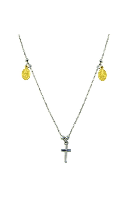 Two Toned Plated Sterling Silver Cross Charm Dangling Necklace