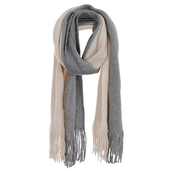 Two Toned Soft Knitted Fringed Scarf Winter Grey beige
