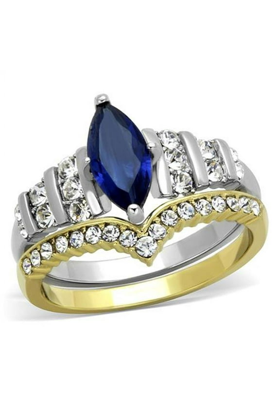 Two Toned Stainless Steel 316 Blue Marquise Glass 2pc Wedding Ring Set Size 7