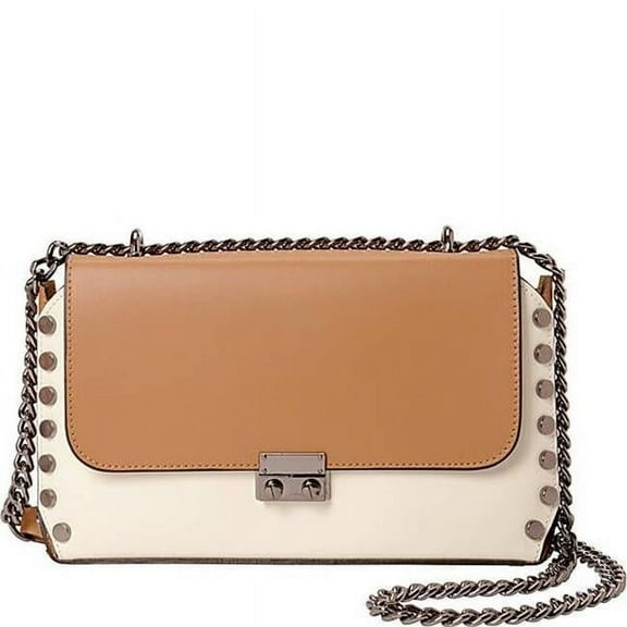 Two-Toned Studded Italian Leather Shoulder Bag, Beige & Tan