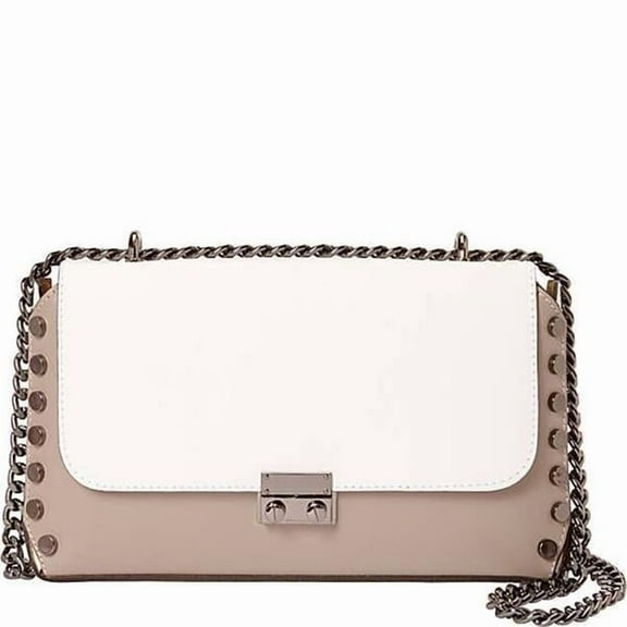 Two-Toned Studded Italian Leather Shoulder Bag, Taupe & White