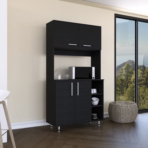 Two Top Cabinets, Black Freestanding Cabinet with Countertop / Suitable for Kitchen Appliance Storage
