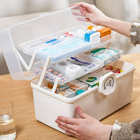 Two Tray Multi-Purpose Storage Case Organizer for Medicine Makeup and Arts Crafts, Cream White, Large