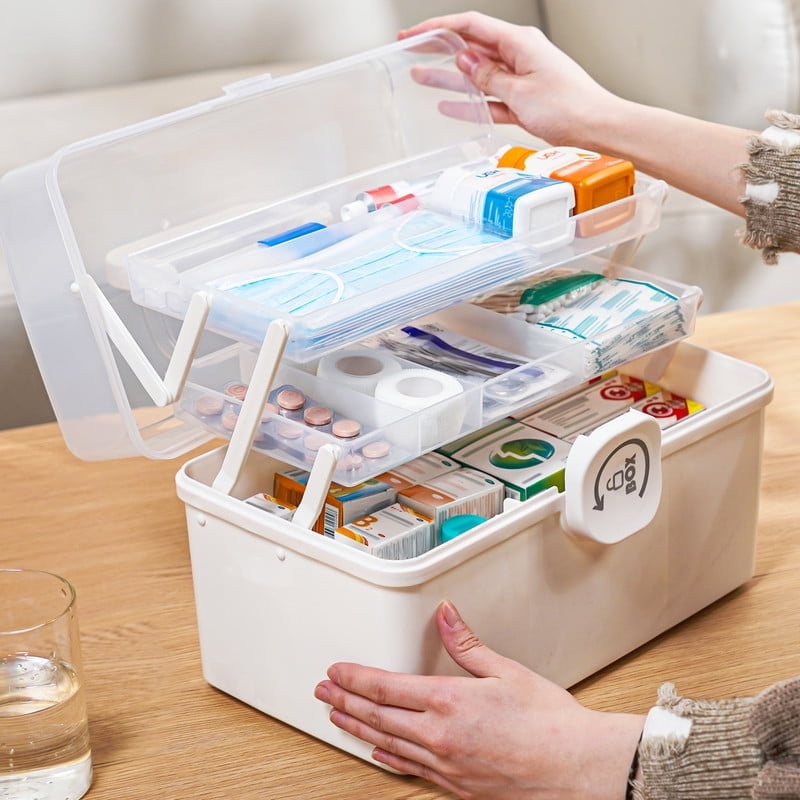 Two Tray Multi-Purpose Storage Case Organizer for Medicine Makeup and Arts Crafts, Cream White, Medium