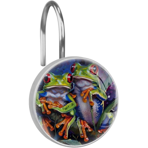 Two Tree Frog Rolling Shower Curtain Hooks, Clear Crystal Glass Art Decorative Stainless Bath Bathroom Set 12 Pcs