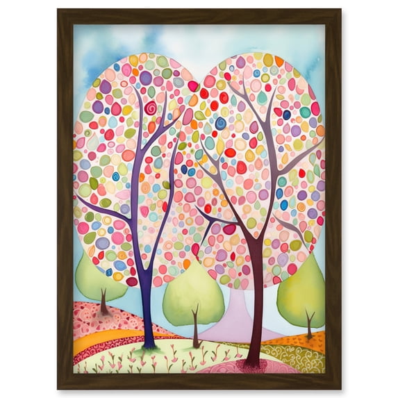 Two Trees Blooming In Spring Folk Art Watercolour Painting Artwork Framed Wall Art Print A4