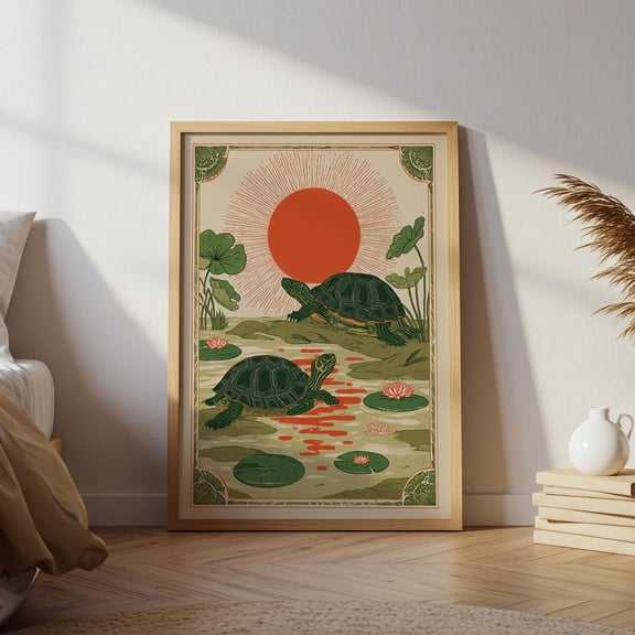 Two Turtles Folk Art Vintage Botanical, Unframed Paper Print Size 8x12