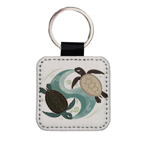Two Turtles Yin Yang Faux Leather Square Keychain