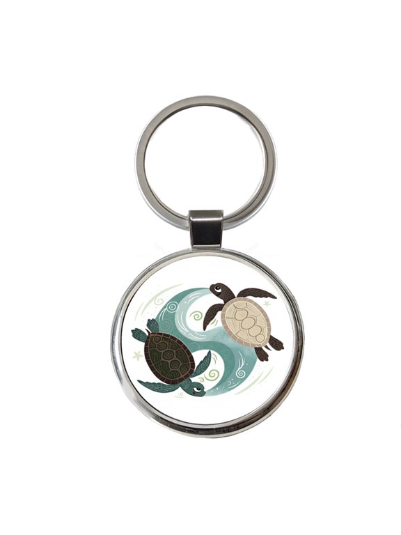 Two Turtles Yin Yang Metal Round Keychain