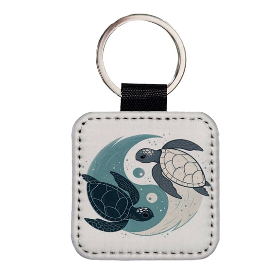 Two Turtles Yin Yang Swimming Faux Leather Square Keychain
