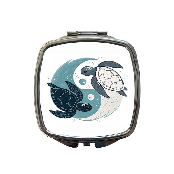 Two Turtles Yin Yang Swimming Travel Makeup Handbag Purse Small Pocket Compact Mirror