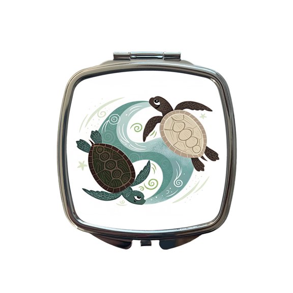 Two Turtles Yin Yang Travel Makeup Handbag Purse Small Pocket Compact Mirror