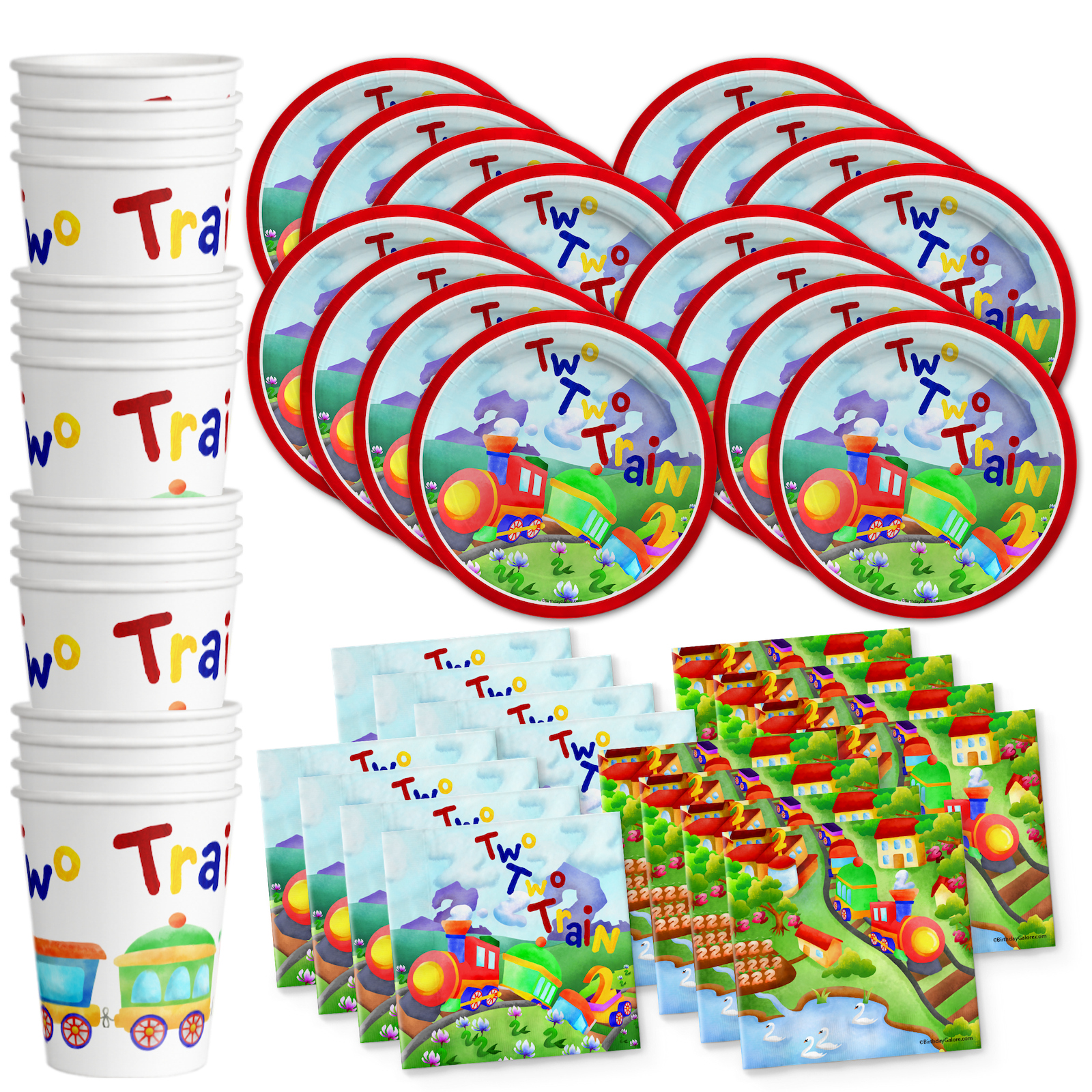 BIRTHDAY GALORE Two Two Train 2nd Birthday Party Supplies Set Plates Napkins Cups Tableware Kit for 16