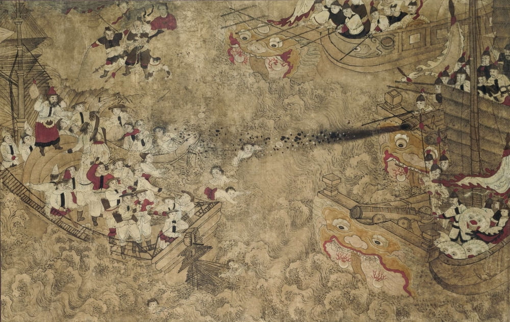 Two Unarmed Dutch Ships Attacked By Three Chinese With Guns Canvas Art - (24 x 18)