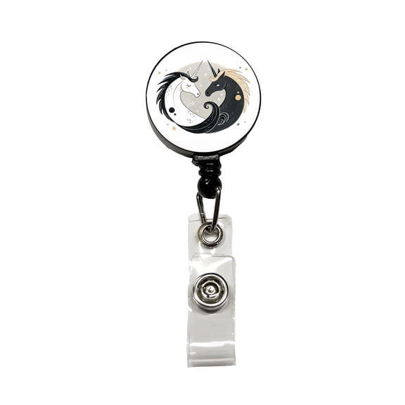 Two Unicorns Yin Yang Black White Retractable Reel ID Badge Key Card Name Tag Holder with Clip